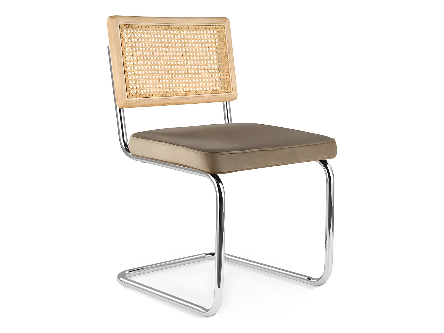 Chaise de salle à manger - tapissée de velours - Bois et rotin - Martha Beige