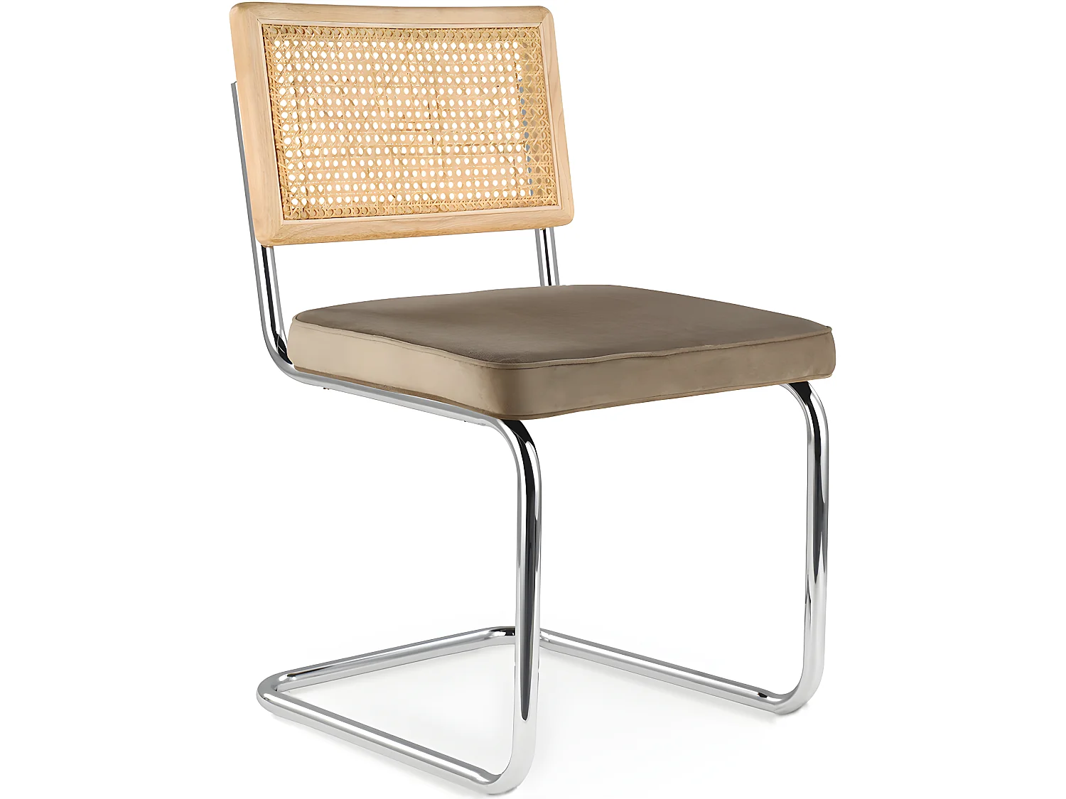 Chaise de salle à manger - tapissée de velours - Bois et rotin - Martha Beige