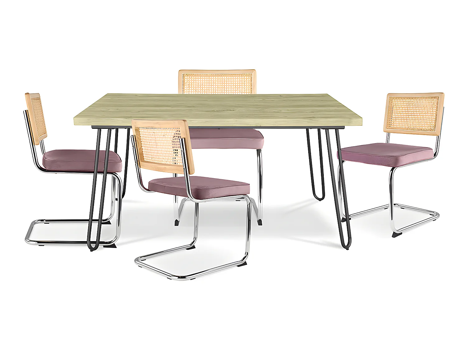 Confezione Tavolo da pranzo di design industriale 120cm e 4 sedie da pranzo in rattan - Rivestimento in velluto - Martha