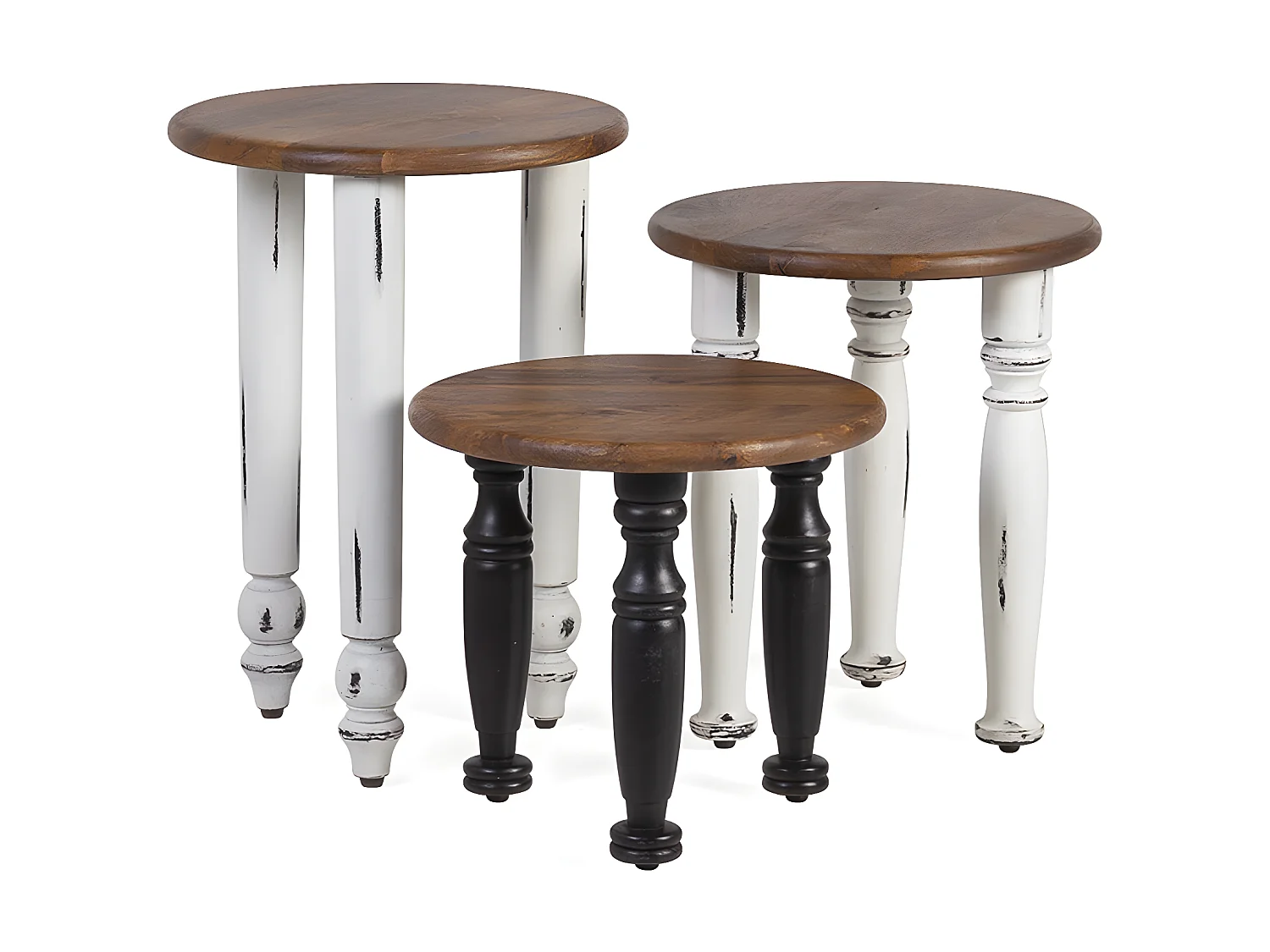 FLORENCIA - Set de 3 tables en bois marron, blanc et noir diamètre 40 cm