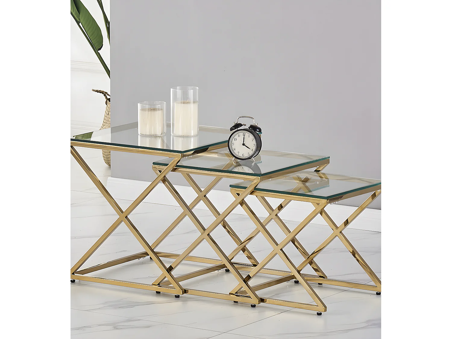 BERLIN - Set à 3 tables vitrées et acier inoxydable L 45