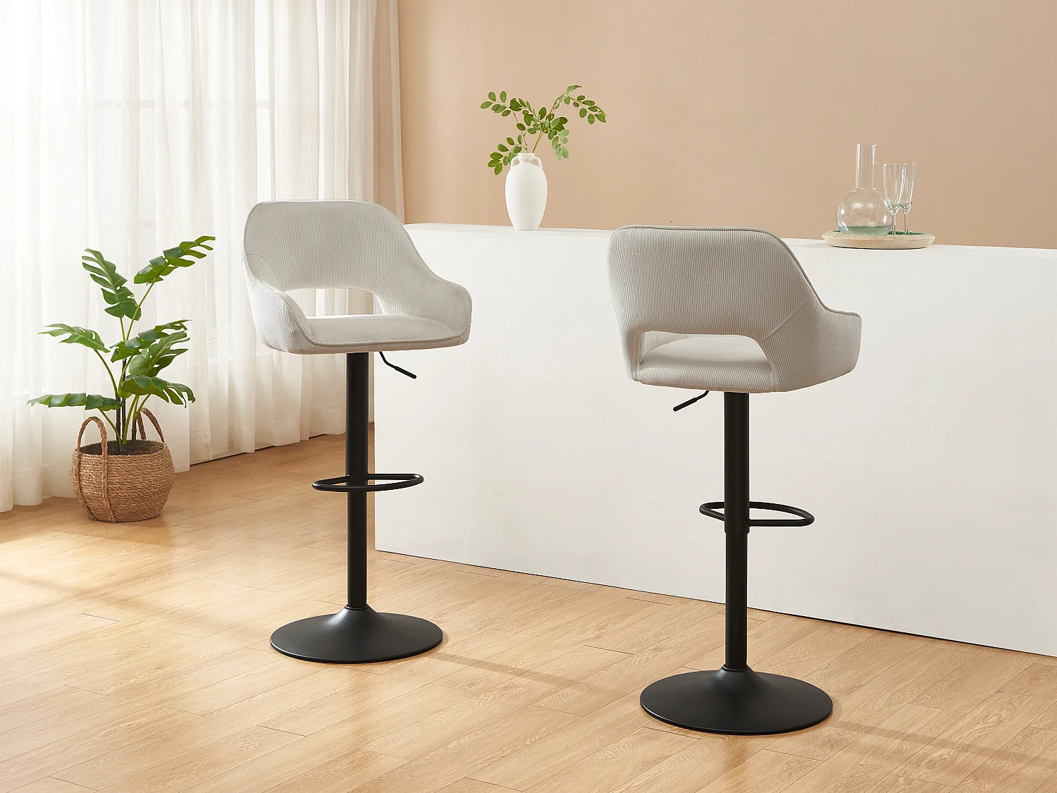 Lot de 2 tabourets de bar en velours côtelé et métal noir - Hauteur réglable - Crème - ZINEA