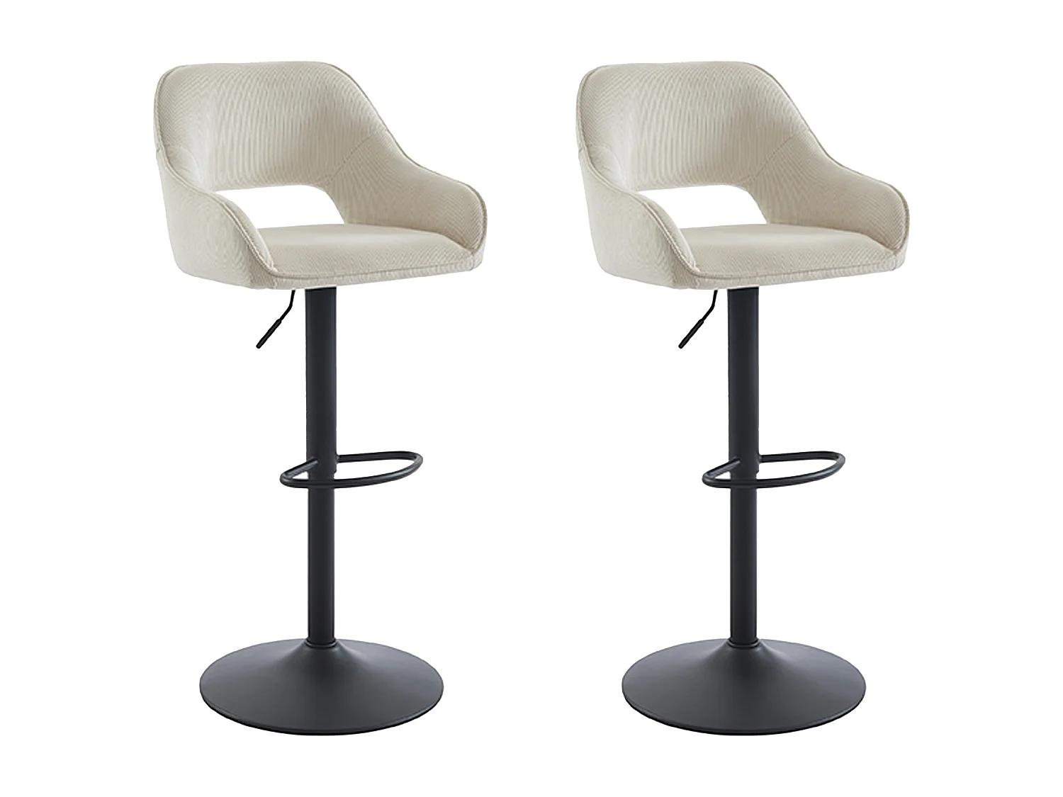 Lot de 2 tabourets de bar en velours côtelé et métal noir - Hauteur réglable - Crème - ZINEA