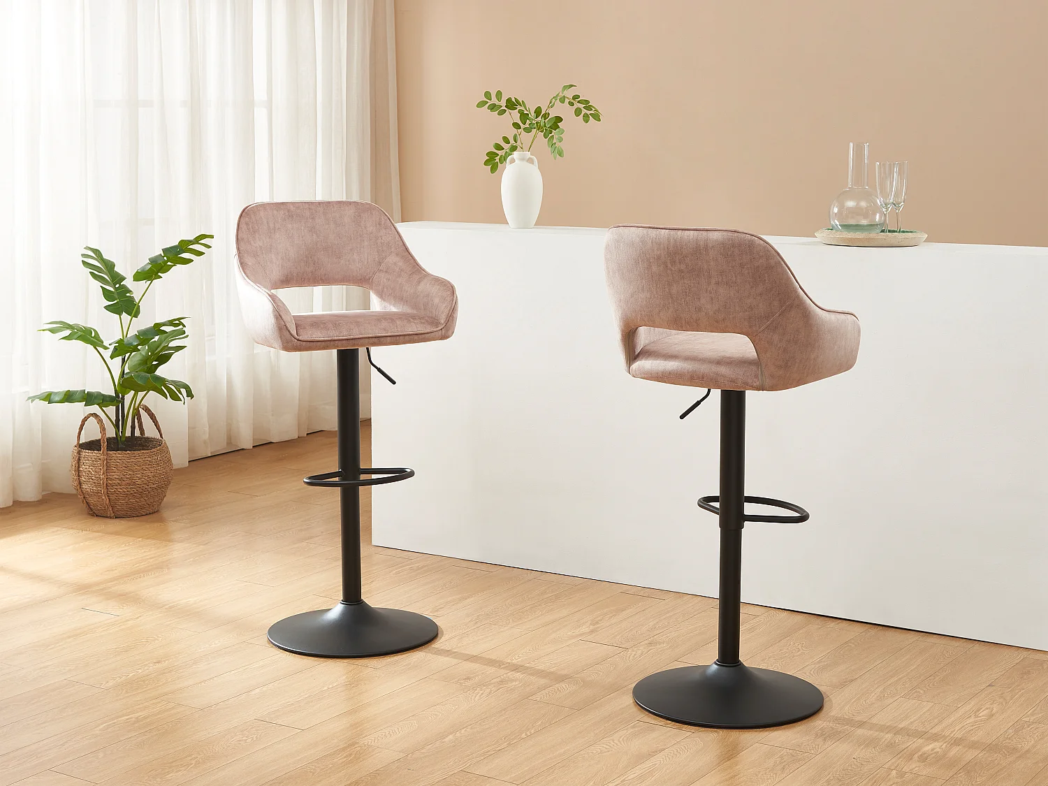 Lot de 2 tabourets de bar en tissu et métal noir - Hauteur réglable - Beige - ZINEA