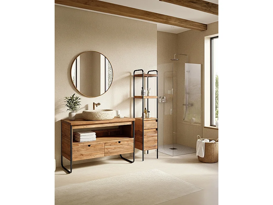 Azur - Meuble salle de bain industriel en teck et métal 120 cm