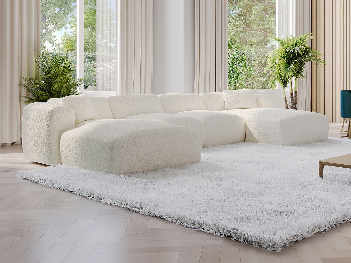 Grand canapé d'angle panoramique en tissu bouclette blanc POGNI de Maison Céphy