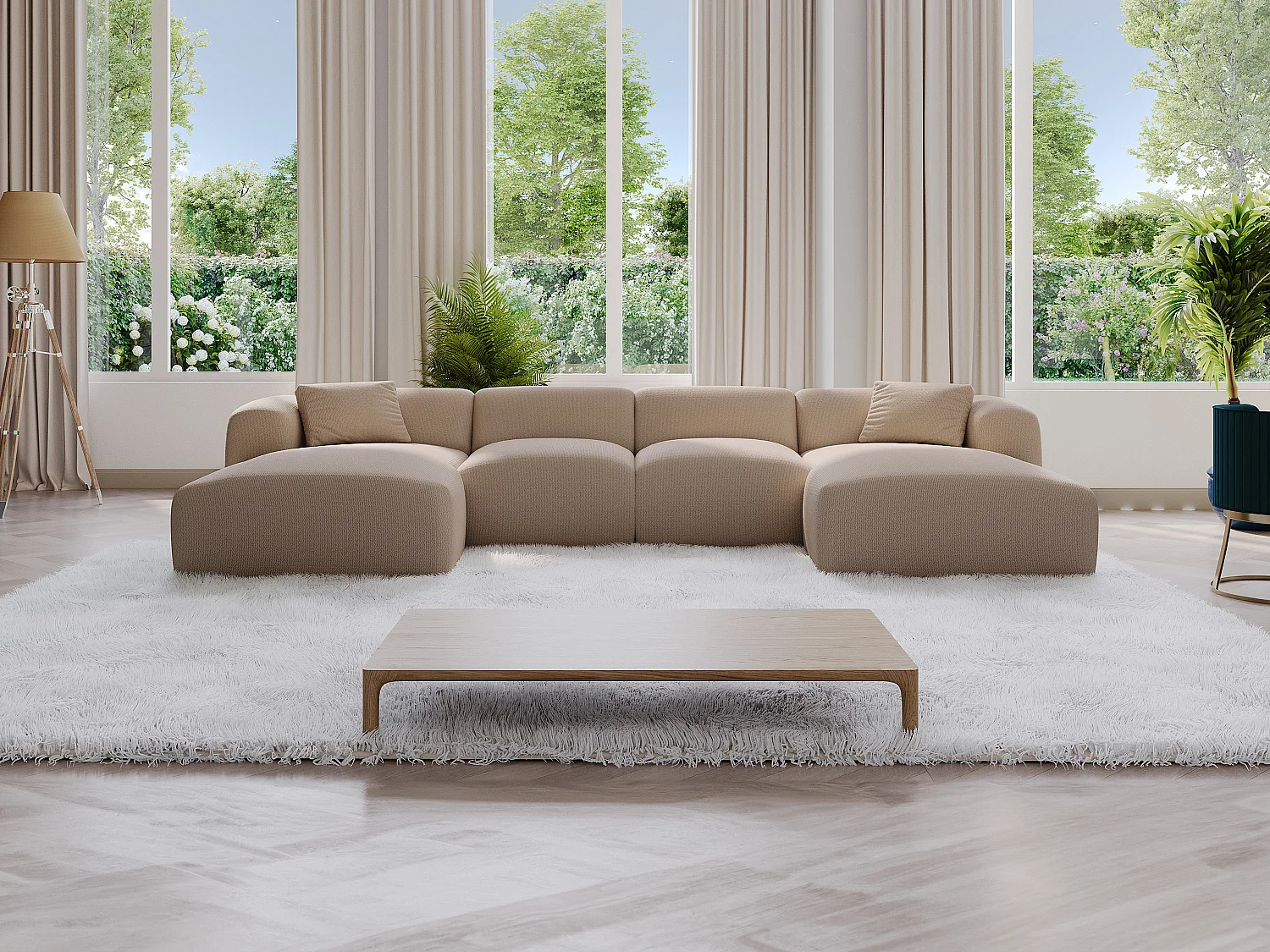 Grote panoramische hoekzitbank van beige ribfluweel met fijne ribbels POGNI van Maison Céphy