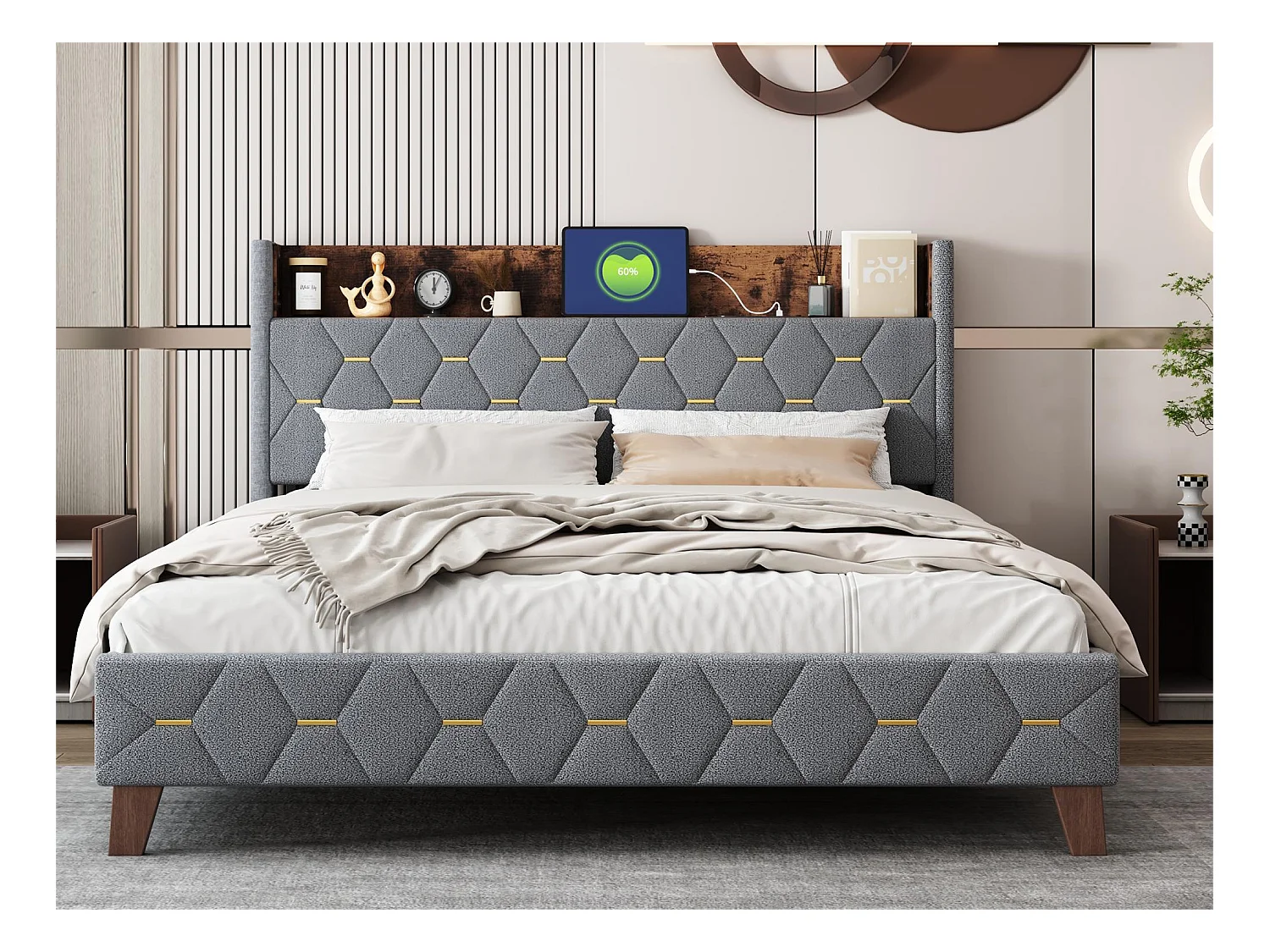 Doppelbett 160 x 200 cm, Erwachsenenbett, Kopfteil mit Ablage und USB-Anschluss, gepolstert mit Samt, Lattenrost, grau