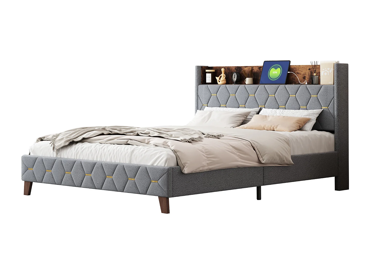 Doppelbett 160 x 200 cm, Erwachsenenbett, Kopfteil mit Ablage und USB-Anschluss, gepolstert mit Samt, Lattenrost, grau