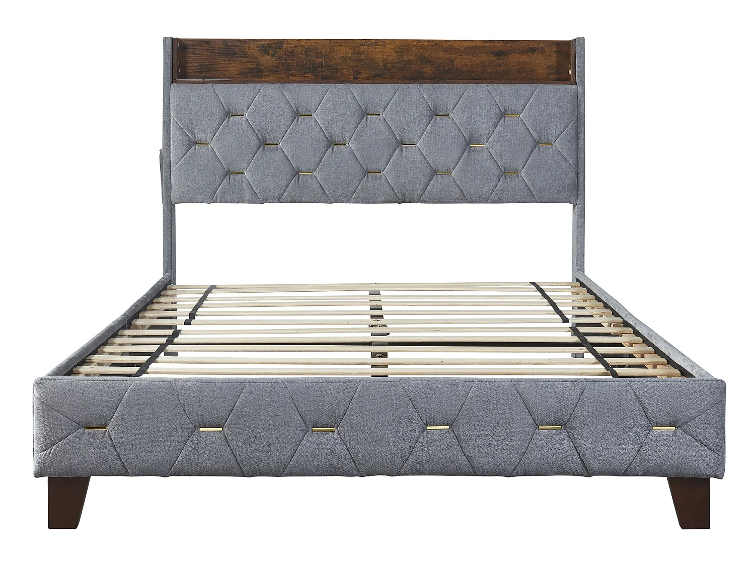 Doppelbett 160 x 200 cm, Erwachsenenbett, Kopfteil mit Ablage und USB-Anschluss, gepolstert mit Samt, Lattenrost, grau