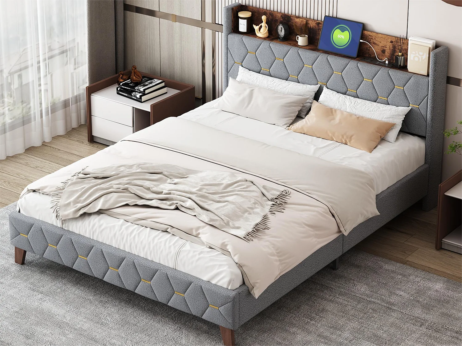 Doppelbett 160 x 200 cm, Erwachsenenbett, Kopfteil mit Ablage und USB-Anschluss, gepolstert mit Samt, Lattenrost, grau