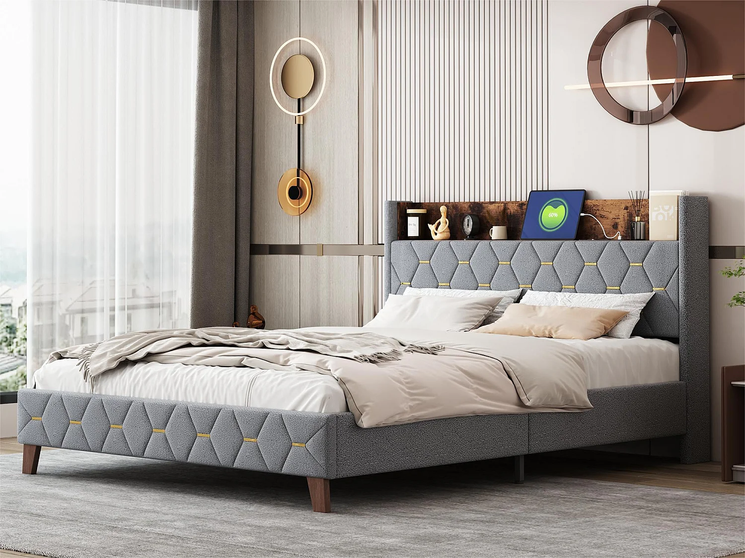 Doppelbett 160 x 200 cm, Erwachsenenbett, Kopfteil mit Ablage und USB-Anschluss, gepolstert mit Samt, Lattenrost, grau