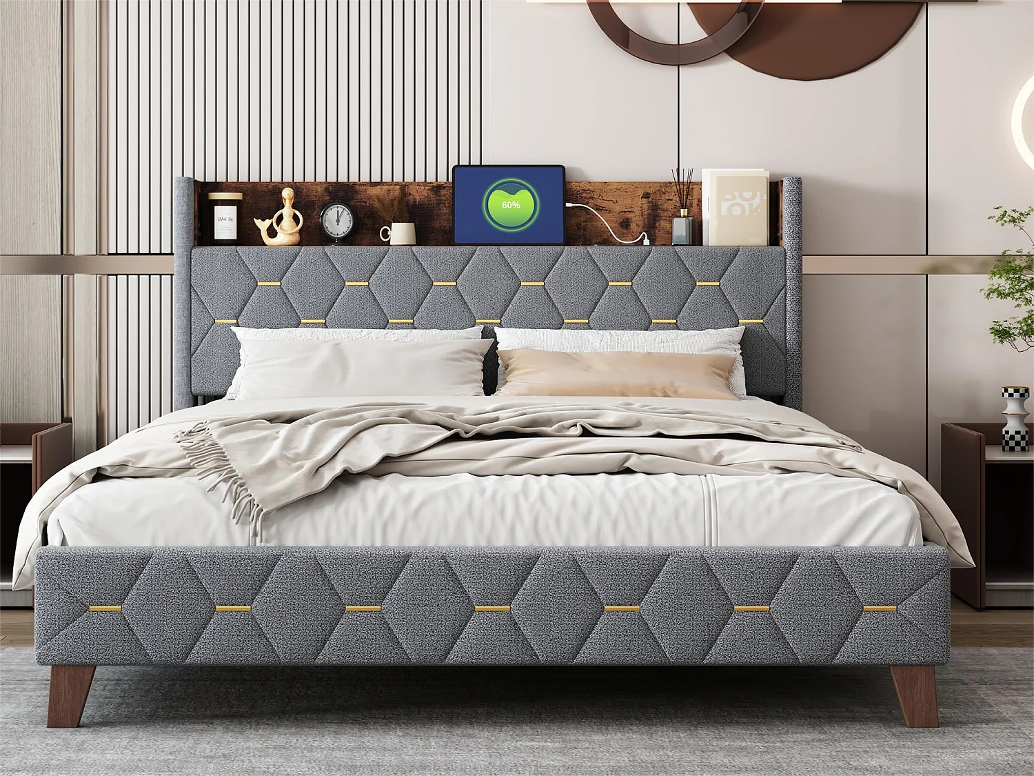 Doppelbett 160 x 200 cm, Erwachsenenbett, Kopfteil mit Ablage und USB-Anschluss, gepolstert mit Samt, Lattenrost, grau