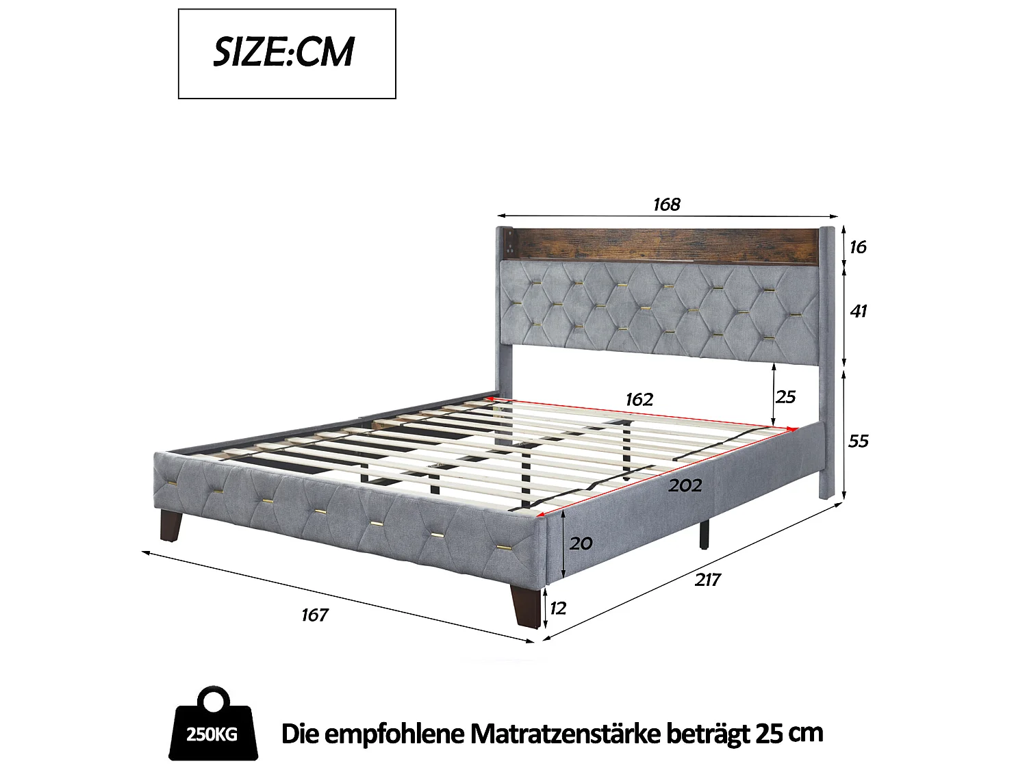 Doppelbett 160 x 200 cm, Erwachsenenbett, Kopfteil mit Ablage und USB-Anschluss, gepolstert mit Samt, Lattenrost, grau