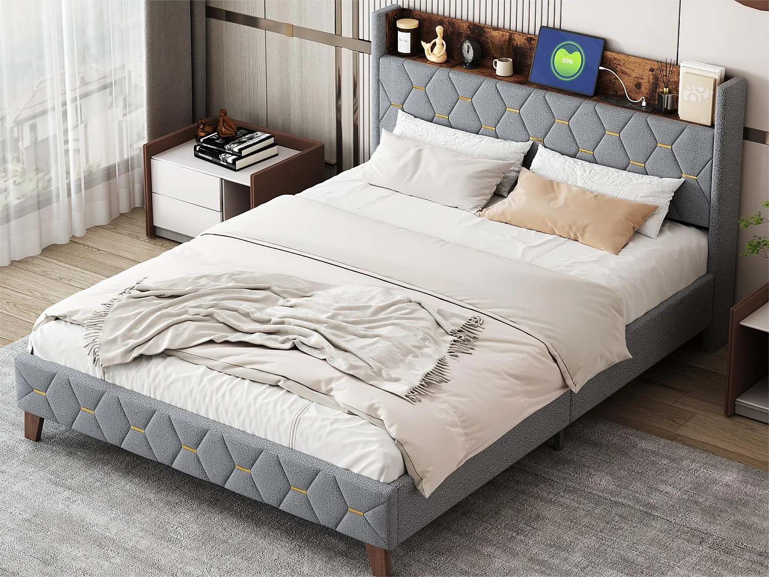 Doppelbett 160 x 200 cm, Erwachsenenbett, Kopfteil mit Ablage und USB-Anschluss, gepolstert mit Samt, Lattenrost, grau