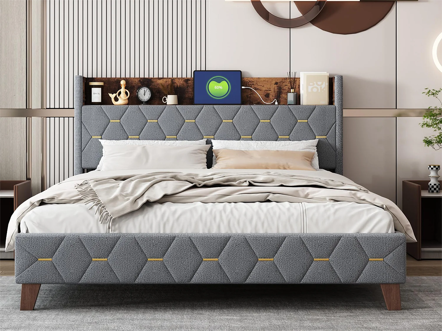 Doppelbett 160 x 200 cm, Erwachsenenbett, Kopfteil mit Ablage und USB-Anschluss, gepolstert mit Samt, Lattenrost, grau