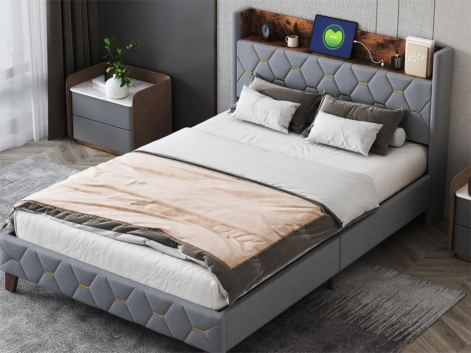 Tweepersoonsbed 140 x 200 cm, volwassenenbed, hoofdeinde met plank en USB-poort, bekleed met fluweel, lattenbodem, grijs