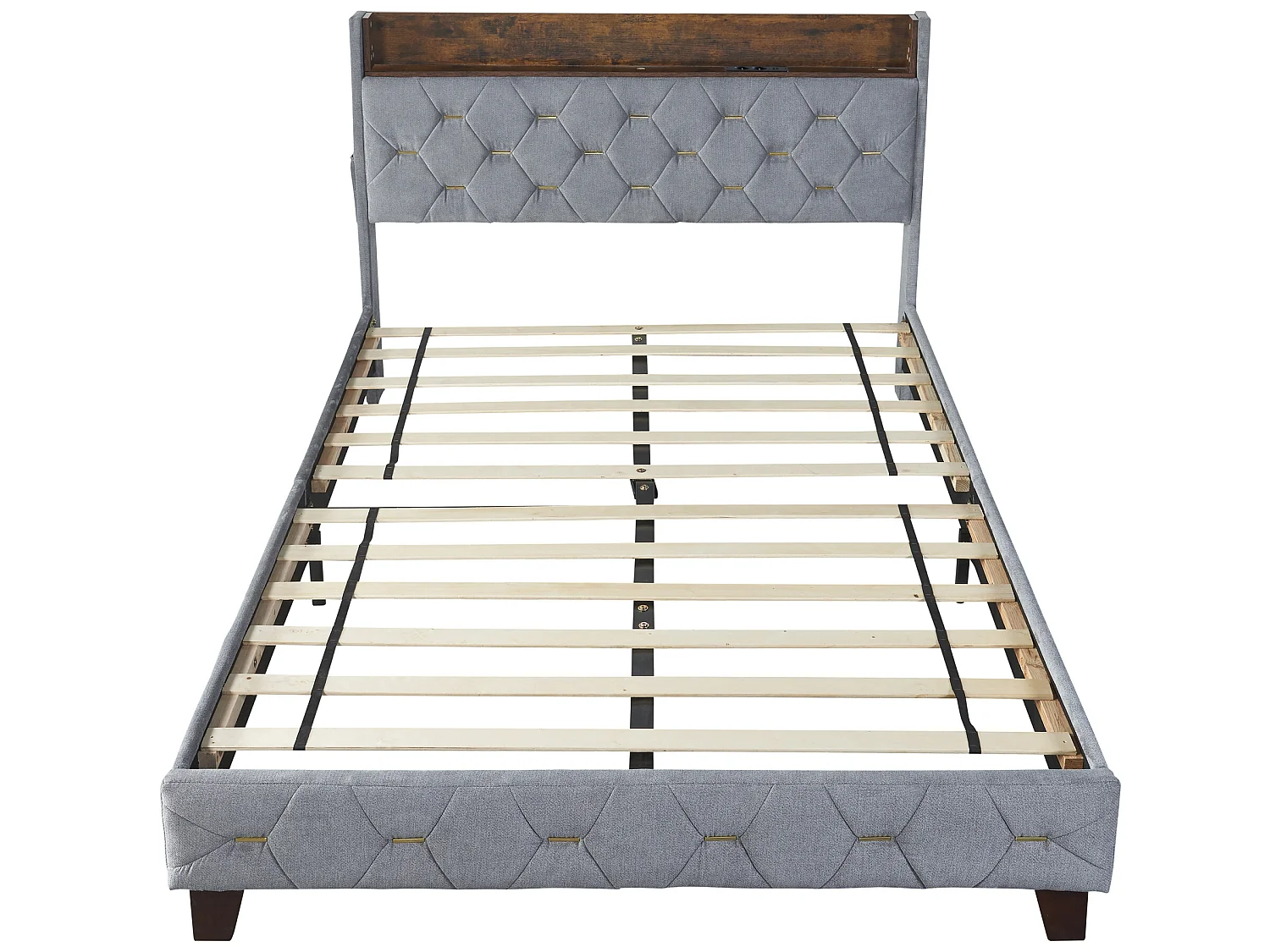 Tweepersoonsbed 140 x 200 cm, volwassenenbed, hoofdeinde met plank en USB-poort, bekleed met fluweel, lattenbodem, grijs