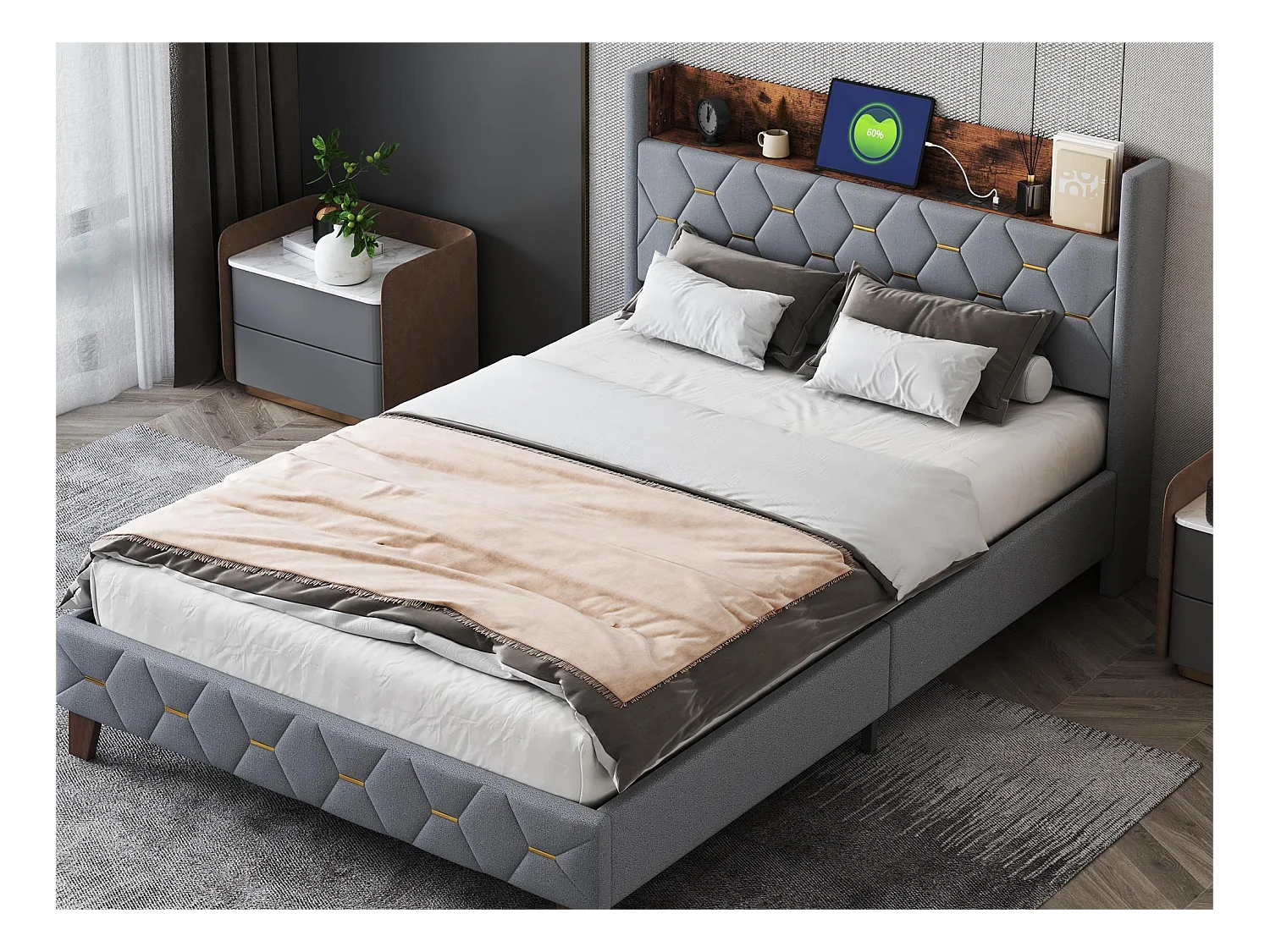 Tweepersoonsbed 140 x 200 cm, volwassenenbed, hoofdeinde met plank en USB-poort, bekleed met fluweel, lattenbodem, grijs