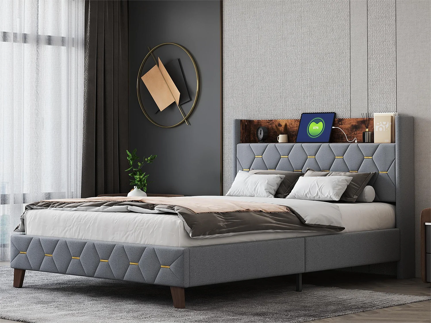 Tweepersoonsbed 140 x 200 cm, volwassenenbed, hoofdeinde met plank en USB-poort, bekleed met fluweel, lattenbodem, grijs