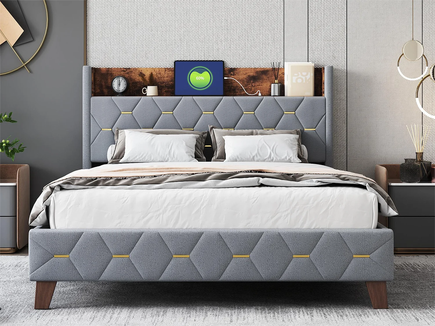 Tweepersoonsbed 140 x 200 cm, volwassenenbed, hoofdeinde met plank en USB-poort, bekleed met fluweel, lattenbodem, grijs