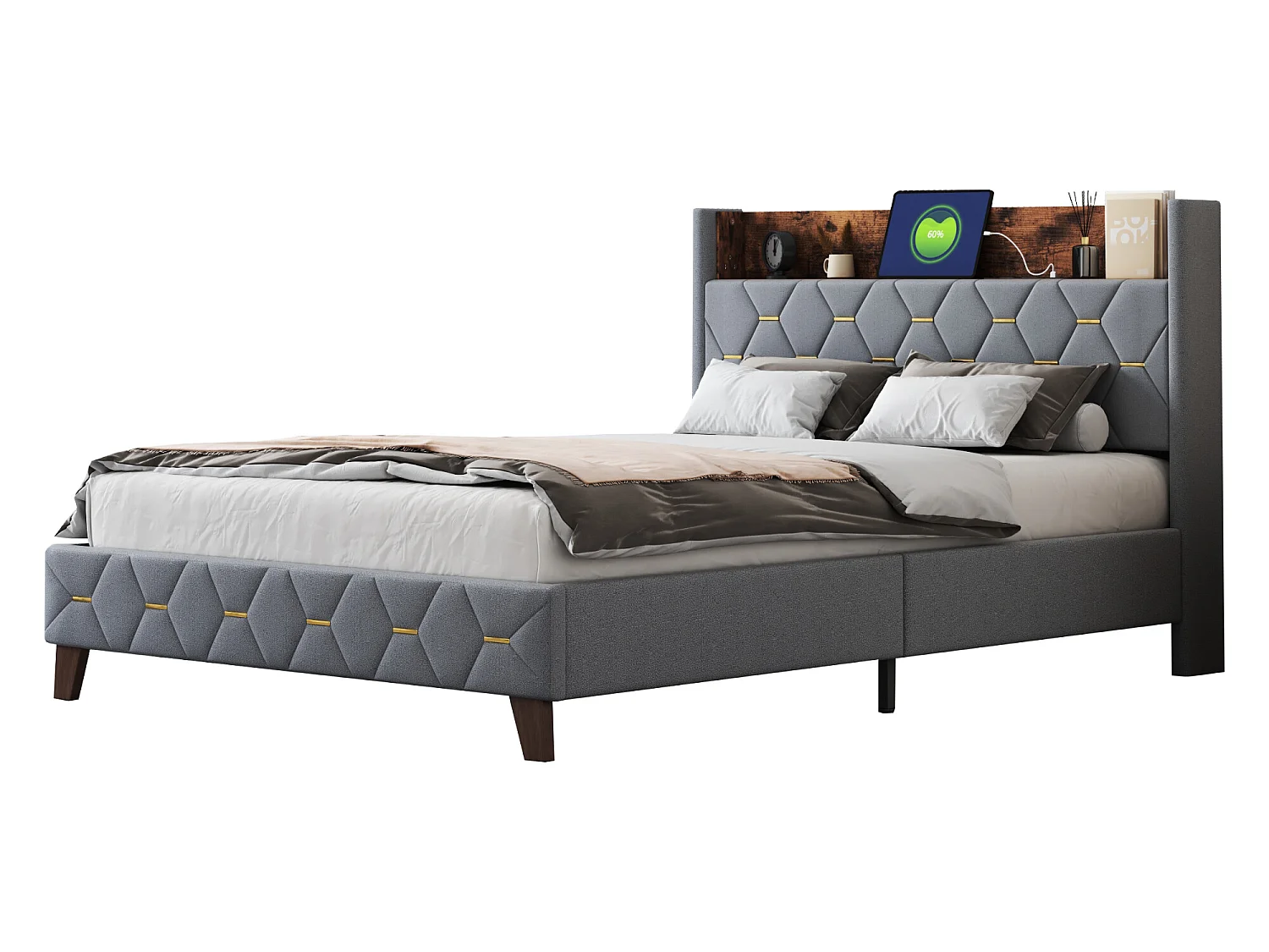 Tweepersoonsbed 140 x 200 cm, volwassenenbed, hoofdeinde met plank en USB-poort, bekleed met fluweel, lattenbodem, grijs