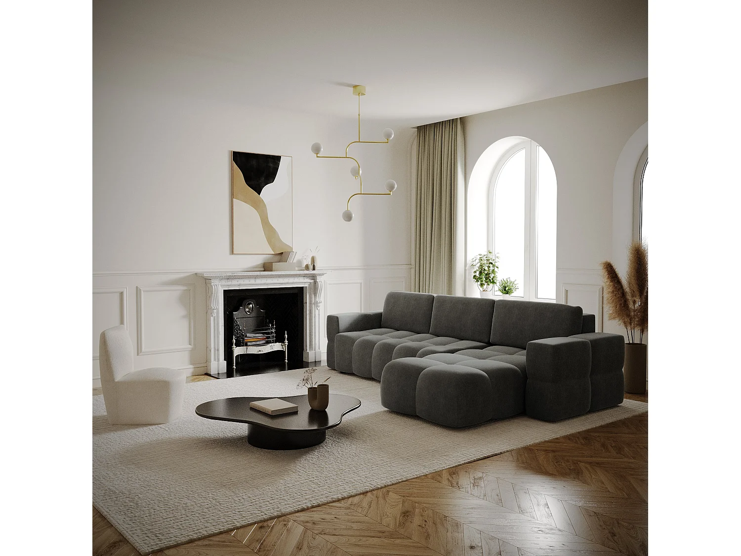 Canapé d'angle droit convertible coffre 5 places gris  GABRIEL