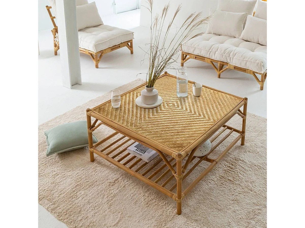 Mesa de centro cuadrada de bambú Célestin con almacenamiento - 90x90cm