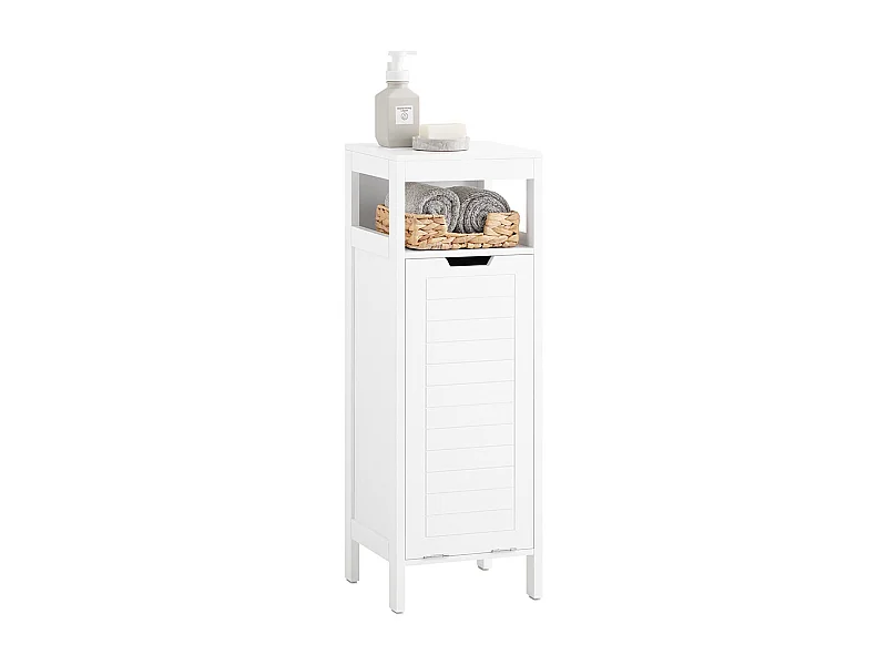 SoBuy BZR122-W Meuble Bas de Salle de Bain avec Corbeille à Linge, Armoire Toilette, Meuble Demi-Colonne, Meuble de Rangement avec 1 Panier à Linge