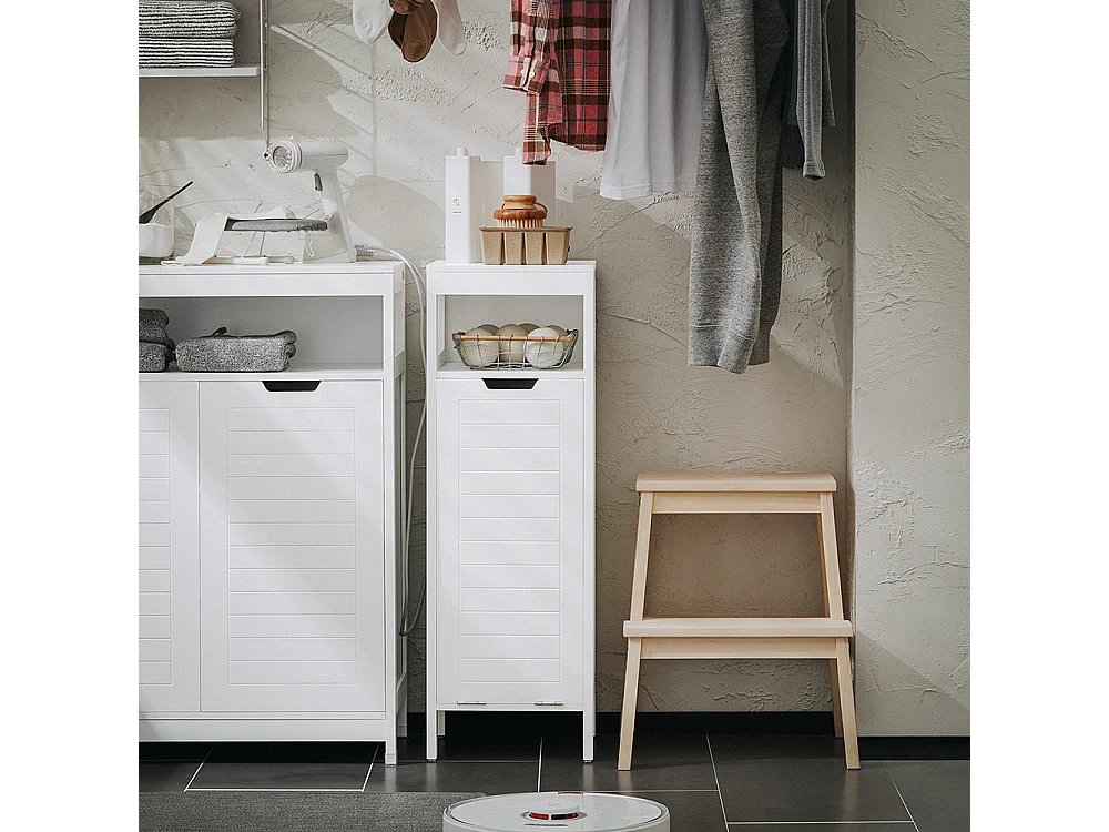 SoBuy BZR122-W Meuble Bas de Salle de Bain avec Corbeille à Linge, Armoire Toilette, Meuble Demi-Colonne, Meuble de Rangement avec 1 Panier à Linge