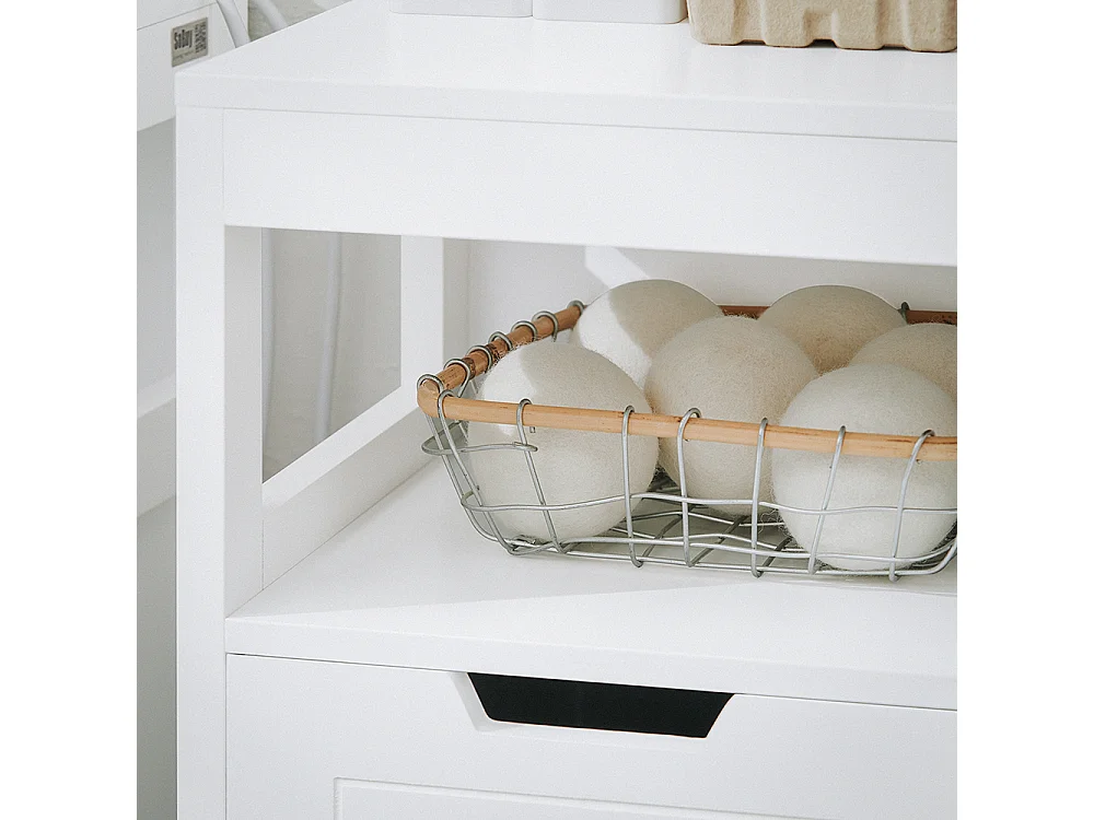 SoBuy BZR122-W Meuble Bas de Salle de Bain avec Corbeille à Linge, Armoire Toilette, Meuble Demi-Colonne, Meuble de Rangement avec 1 Panier à Linge