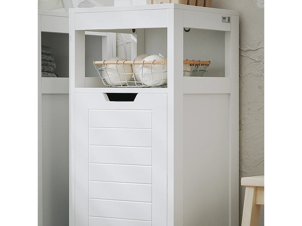 SoBuy BZR122-W Meuble Bas de Salle de Bain avec Corbeille à Linge, Armoire Toilette, Meuble Demi-Colonne, Meuble de Rangement avec 1 Panier à Linge