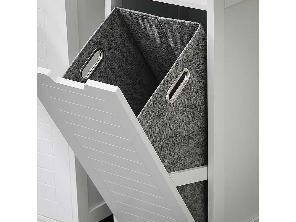 SoBuy BZR122-W Meuble Bas de Salle de Bain avec Corbeille à Linge, Armoire Toilette, Meuble Demi-Colonne, Meuble de Rangement avec 1 Panier à Linge