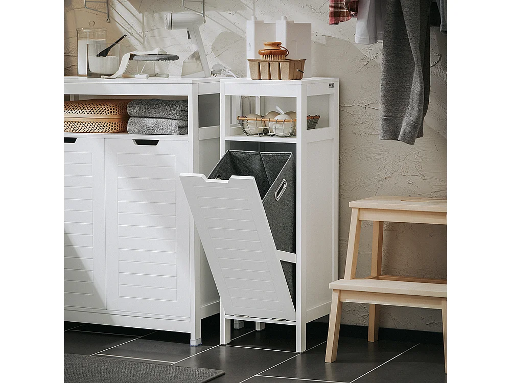 SoBuy BZR122-W Meuble Bas de Salle de Bain avec Corbeille à Linge, Armoire Toilette, Meuble Demi-Colonne, Meuble de Rangement avec 1 Panier à Linge