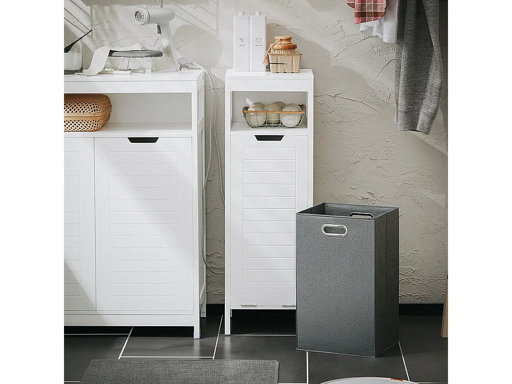 SoBuy BZR122-W Meuble Bas de Salle de Bain avec Corbeille à Linge, Armoire Toilette, Meuble Demi-Colonne, Meuble de Rangement avec 1 Panier à Linge