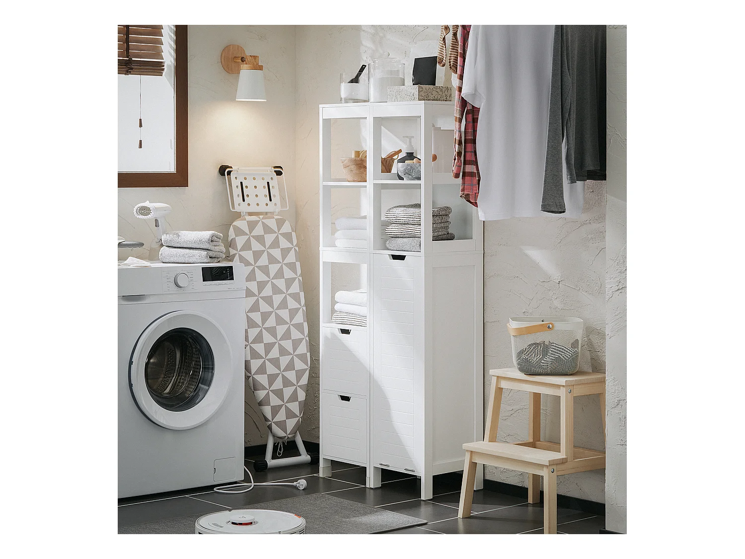 Mobile Alto Con Sacco Portabiancheria Pieghevole Mobiletto Bagno Scaffale Bianco 30x30x145cm BZR123-W SoBuy