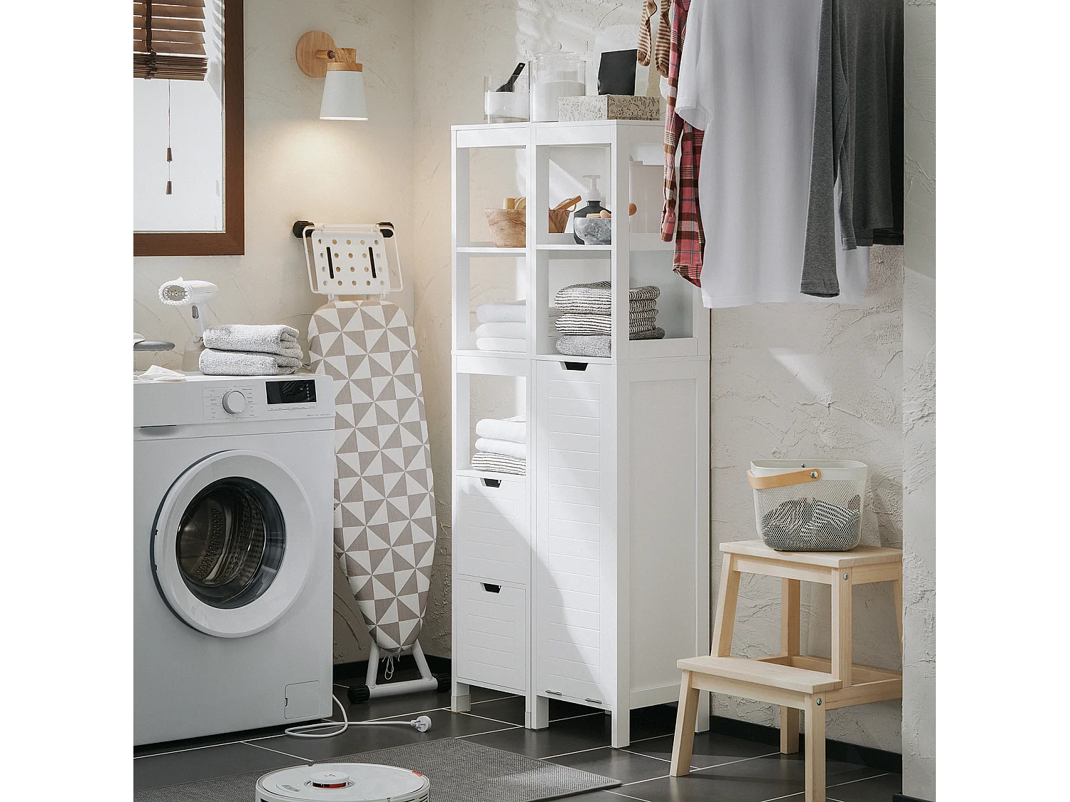 SoBuy Meuble Colonne de Salle de Bain, Armoire Toilette Haute, Meuble Salle de Bain Placard avec Étagères et Panier à Linge 30 x 30 x 145 cm, Blanc, BZR123-W