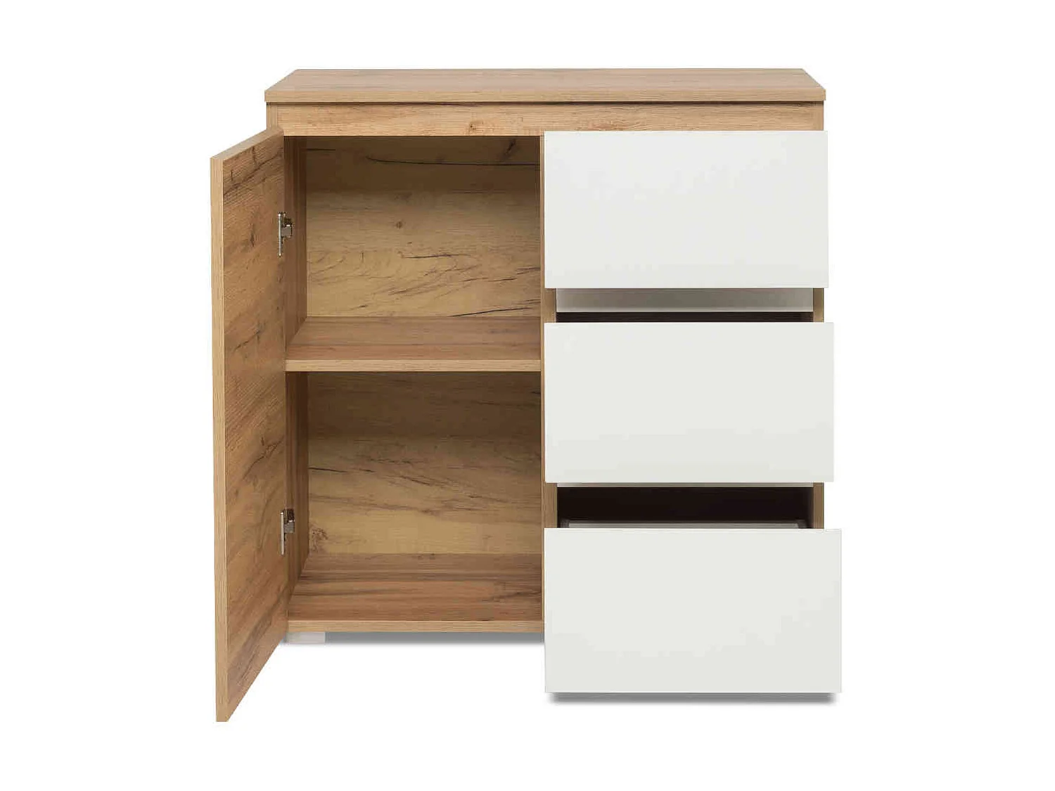 Commode 1 porte 3 tiroirs en bois imitation naturel et blanc - CO7020