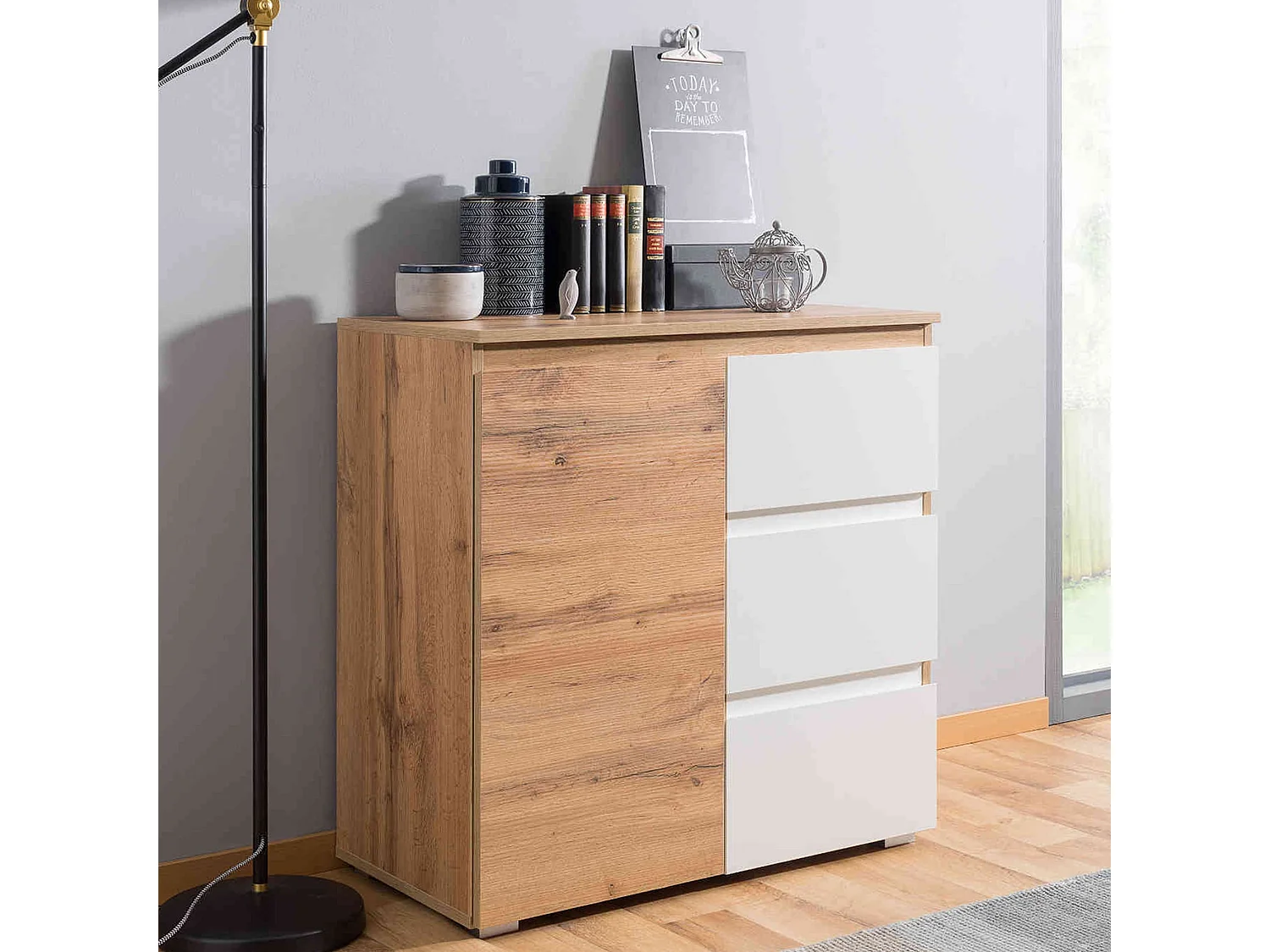 Commode 1 porte 3 tiroirs en bois imitation naturel et blanc - CO7020