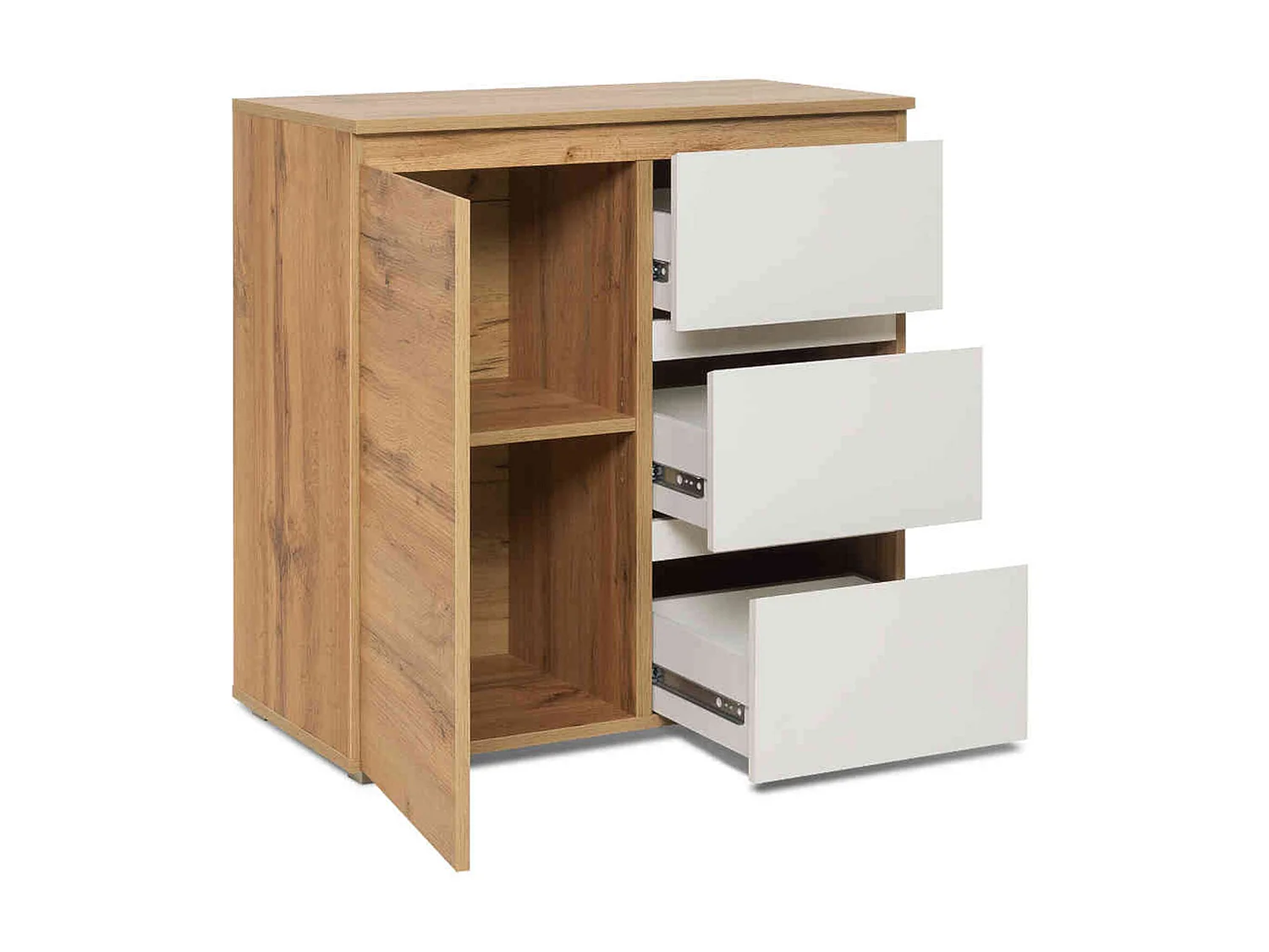 Commode 1 porte 3 tiroirs en bois imitation naturel et blanc - CO7020