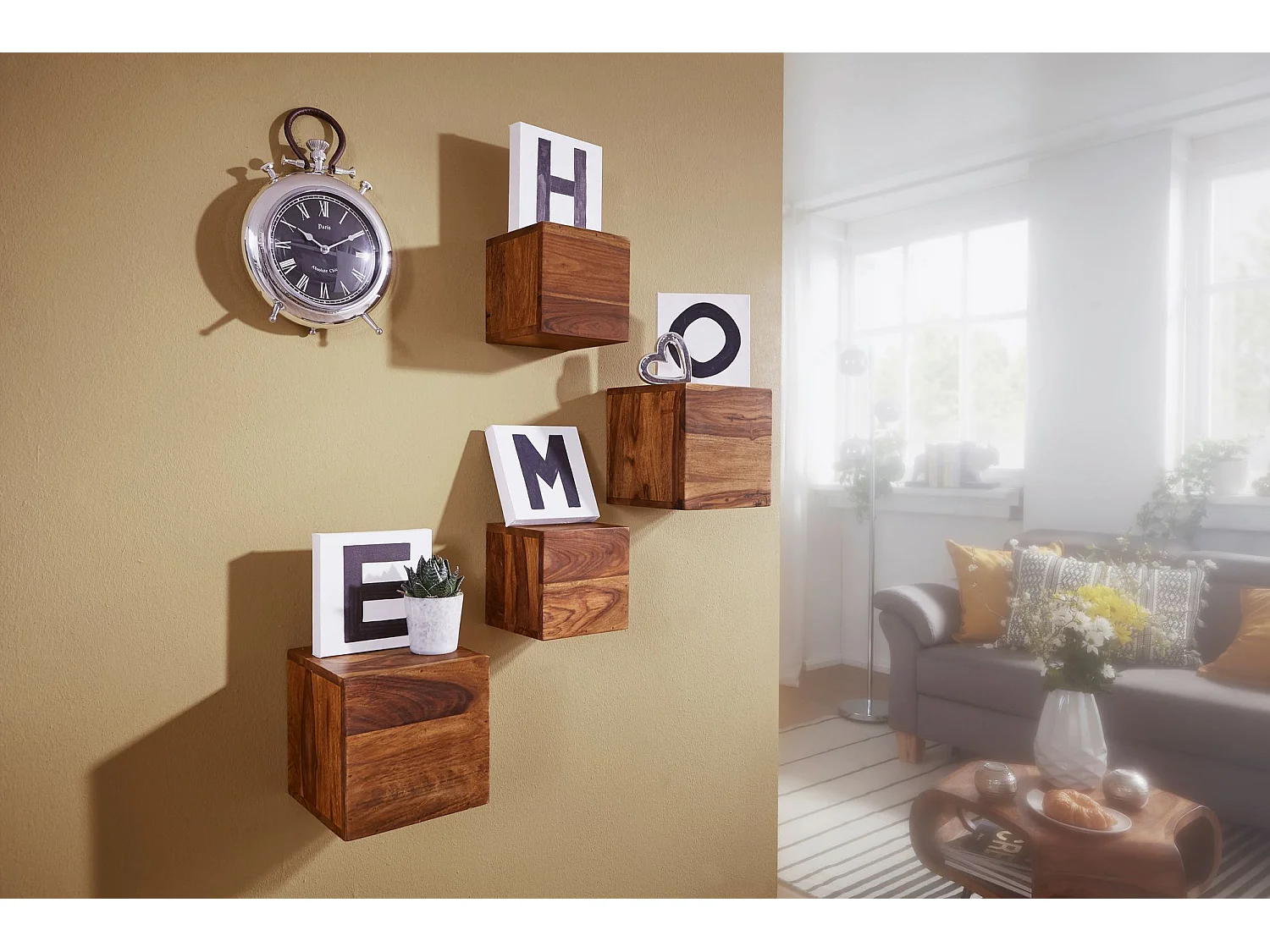 Set di 4 Scaffali Legno massello Cubo Mensola pensile Stile Moderno