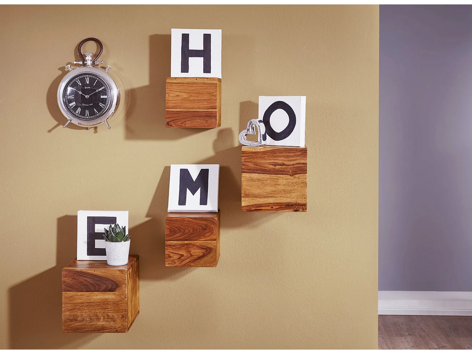 Set di 4 Scaffali Legno massello Cubo Mensola pensile Stile Moderno