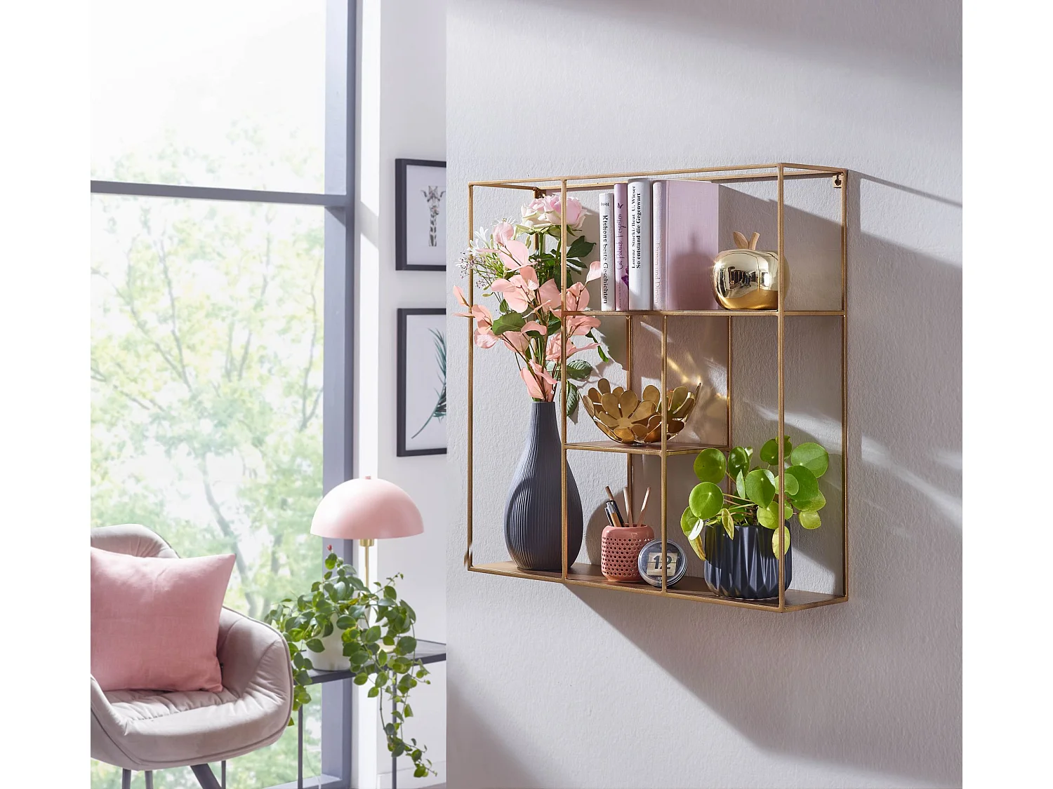 Wandregal  Hängeregal Metall 68x68x17cm Regal Schweberegal Klein Gold