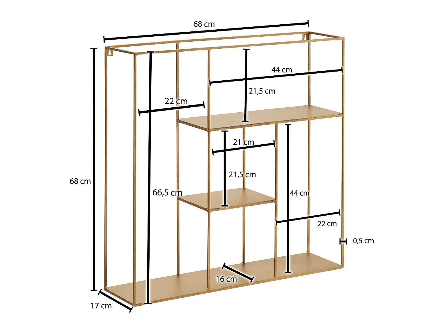 Étagère Murale 68x68x17 cm Carré Métal Moderne Pour Mur Flottante Or