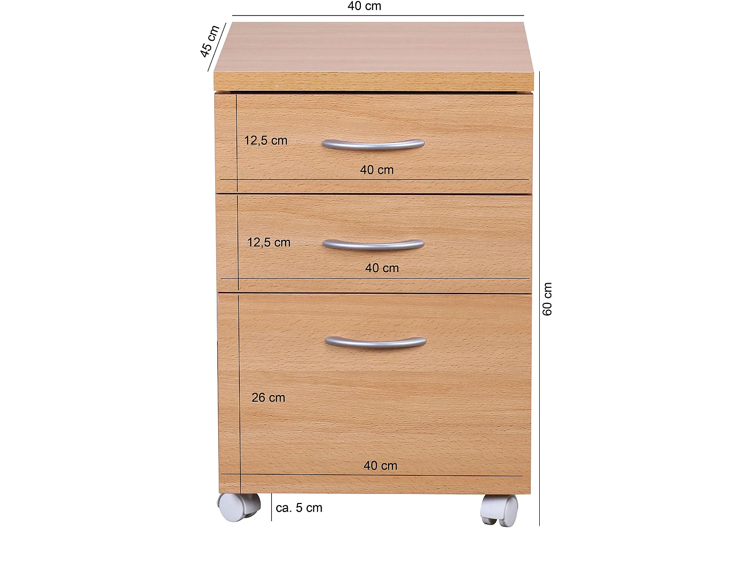 Cassettiera 40 x 60 x 45 cm Legno Ottica di Faggio con 3 Cassetti