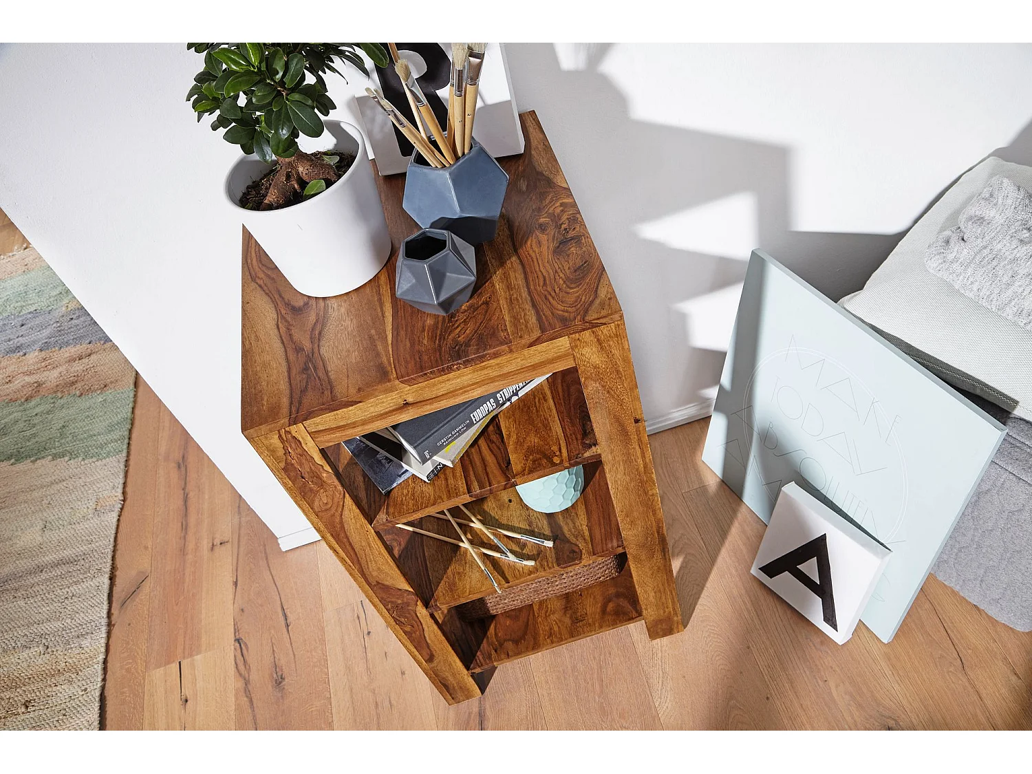 Sheesham legno libreria 3 ripiani stazione scaffale 44x44x83 cm Nuovo