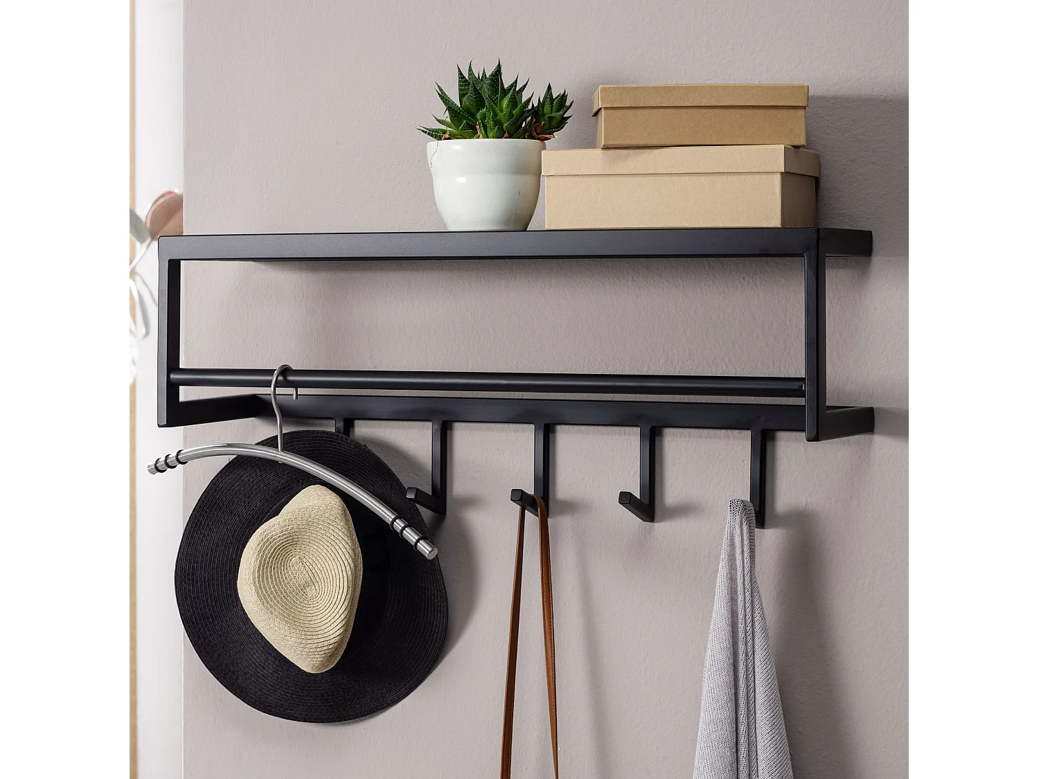 Porte Manteau Mural 5 Crochets Noir Metal 70 cm Patere Murale Étagère