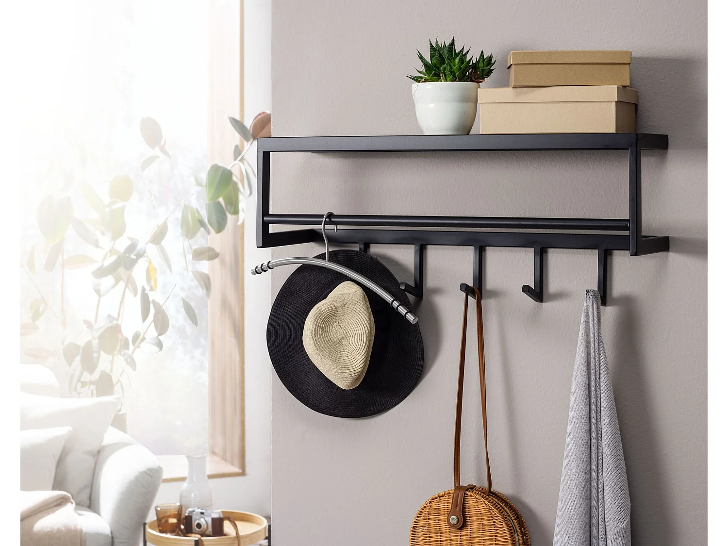Porte Manteau Mural 5 Crochets Noir Metal 70 cm Patere Murale Étagère