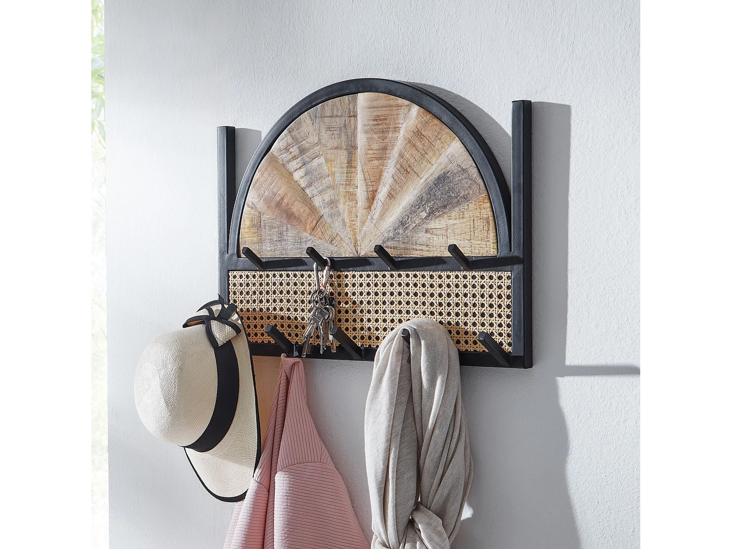 Porte Manteau Mural 9 Crochets Bois Massif Metal 53 cm Patere Murale