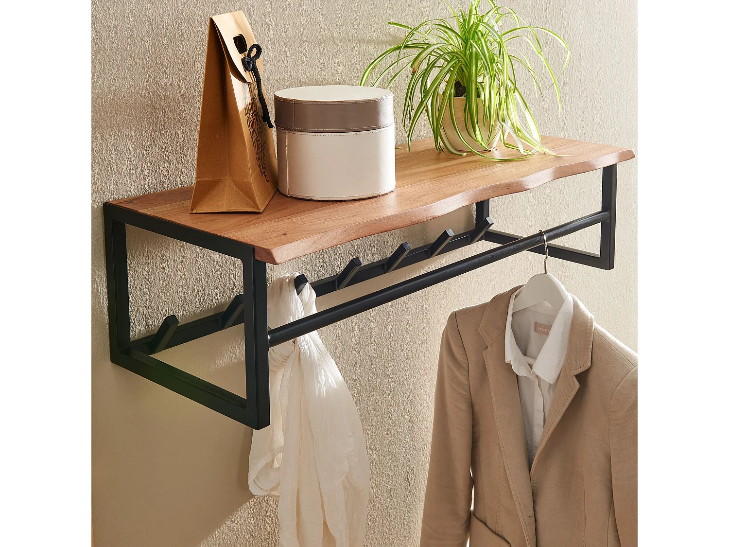 Porte Manteau Mural 7 Crochets Bois Massif Metal 80 cm Patere Murale